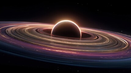 Obraz premium A planet with rings orbits a bright star in deep space. The scene shows vibrant colors surrounding the rings. The view captures a moment in a distant galaxy.