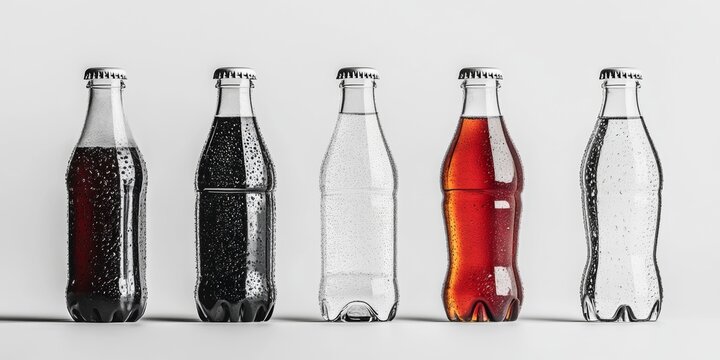 A variety of empty soft drink bottles lined up, showing moisture from the cooling process