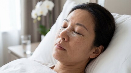 A serene Asian woman with bandages on her face resting peacefully in bed while recovering from facial plastic surgery.
