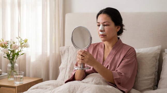 Young woman with a medical bandage on her nose looking in a mirror, recovering from cosmetic rhinoplasty surgery in a calm bedroom.