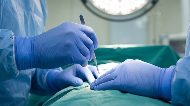 Close up of surgeon's hands in blue sterile gloves holding a surgical tool during a medical procedure in the operating room. - Powered by Adobe