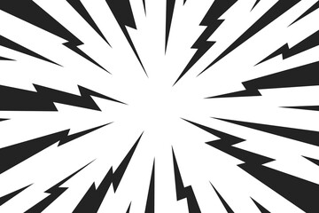 Background with thunder. Bolt line comic backgrounds. Lightning anime. Concentration effect lines. Cartoon pop art. Manga light ray. Zigzag pattern. Zig zag bg. Halftone speed. Vector illustration