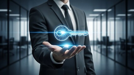 Businessman presenting glowing key in modern office setting
