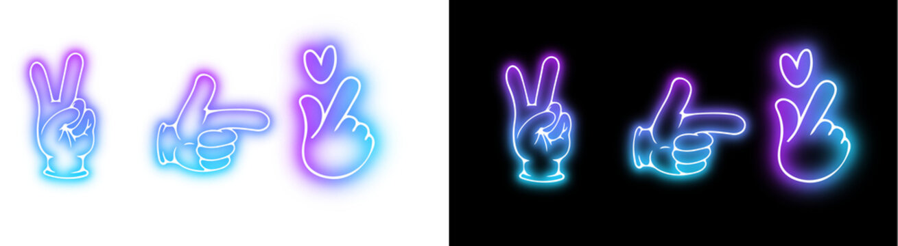 PNG image of Collection of vibrant gradient and neon glowing hand gestures including peace sign pointing and korean finger heart symbols on transparent background