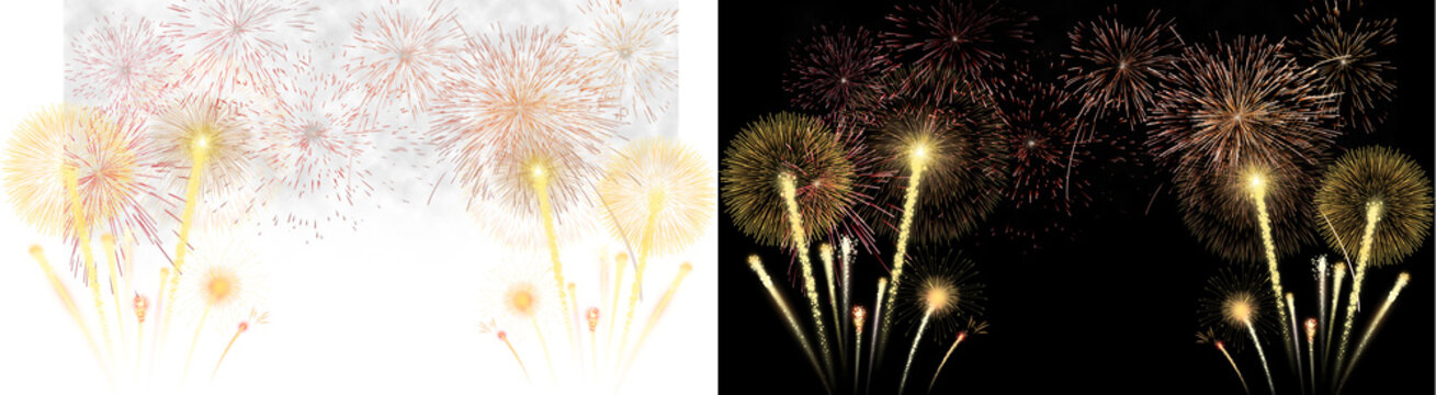 PNG image of Vibrant golden and crimson fireworks illuminate the dark night sky with spectacular bursts and ascending light trails on transparent background