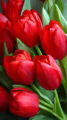 Vibrant red tulips blooming with green leaves