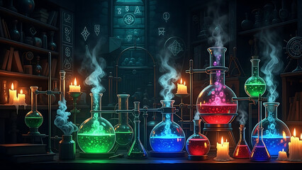 Mysterious Alchemist's Laboratory with Colorful Bubbling Potions, Steaming Flasks, and Lit Candles