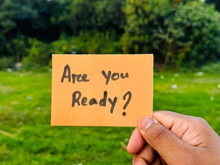 Be ready sticky note card, Are you ready sign note, Ready card icon holding with green background