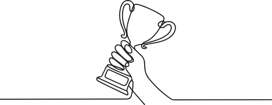  Hand holding trophy continuously drawing one line symbol of achievement, one line Art icon drawing
