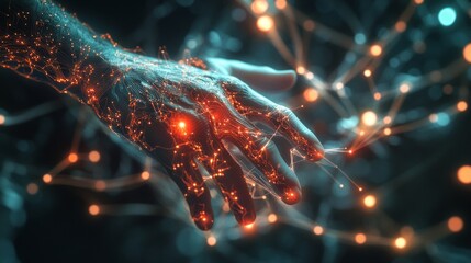 An artistic and surreal image of a hand with red glowing fire touching the stars in space, creating a sense of magical connection between the earthly and celestial.