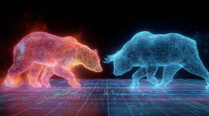 Neon Holographic Bull and Bear Market Clash 3D Digital Visualization