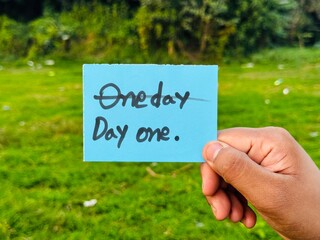 One day day one sticky note sign, Handwritten day one icon