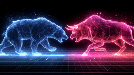 Neon Bull and Bear Holographic Battle - Digital Finance Clash Visualization