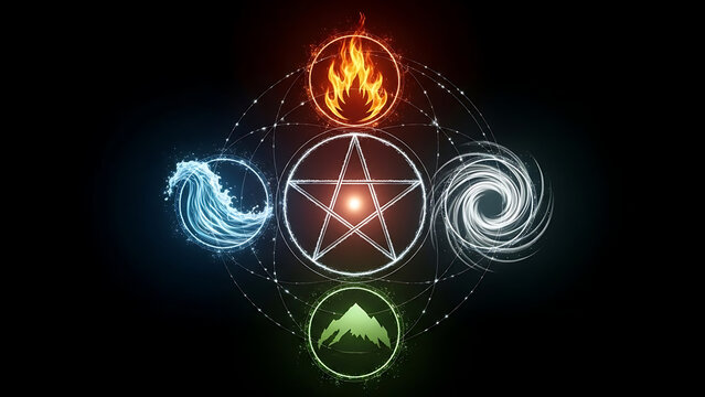 Sacred Geometry: Glowing Five Elements Pentagram with Fire, Water, Air, Earth Symbols on Dark