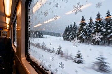 Cozy Christmas Train Interior with Snowy Forest Outside Windows