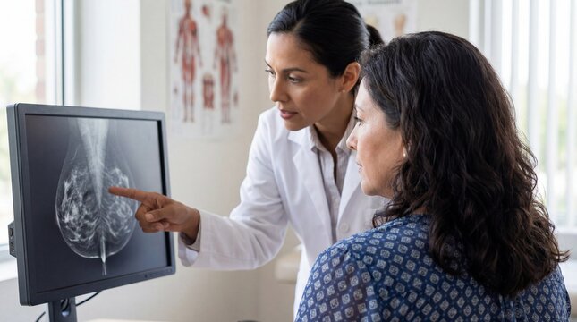 Professional Hispanic female oncologist showing mammography breast scan results to mature woman patient on digital monitor in medical clinic room