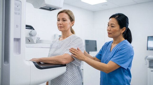 Asian female technician guiding a middle aged Caucasian patient during a mammography screening in a modern sterile clinic radiology room
