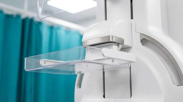 Modern mammography machine detail showing clear compression paddles and white medical housing in a sterile clinic room with teal curtains background