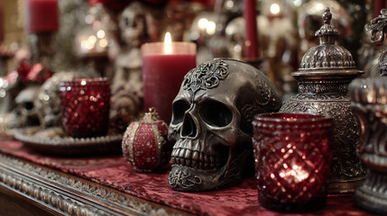 Gothic Elegance Decor. A dark, ornate setup with skulls, candles, and intricate patterns