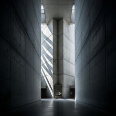 Fototapeta premium Modern Brutalist Architecture Interior, Geometric Shadows, Concrete Hallway.