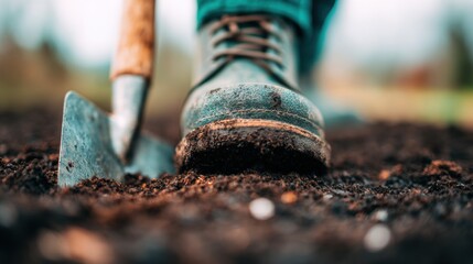 Gardening activity with shovel and boot in outdoor soil setting