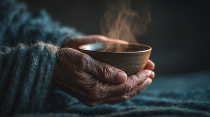Cozy Warmth. Hands holding a steaming cup