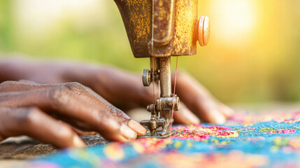 Sewing colorful fabric during daylight at an outdoor workspace