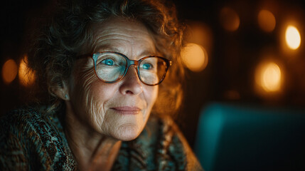 Warm Portrait with Glasses. Elderly person with glasses and curly hair in warm lighting, creating a cozy atmosphere.