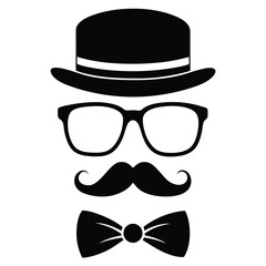 hat glasses mustache and bow tie line art silhouette vector illustration