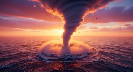 Powerful Ocean Tornado at Sunset.