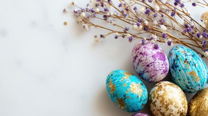 Colorful decorated eggs with flowers arranged on a white surface