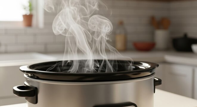 Steam rising from electric slow cooker in modern kitchen