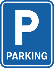 Blue parking sign with white lettering and border