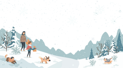  template element featuring a serene winter scene with snowflakes and frosty trees, created in a flat design style with bold lines  with png Transparent 