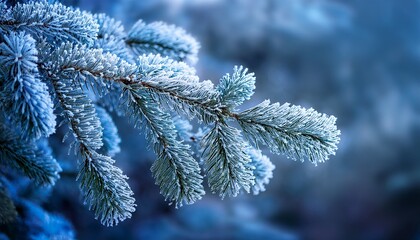 Close Up Of Frosty Spruce Branches Covered Winter Nature Texture With Cold Blue Tones Detailed Needles And Seasonal Frozen Christmas Atmosphere Blue Blurred Background Defocused