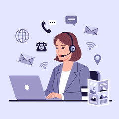 Woman Wearing Headset Working on Laptop.