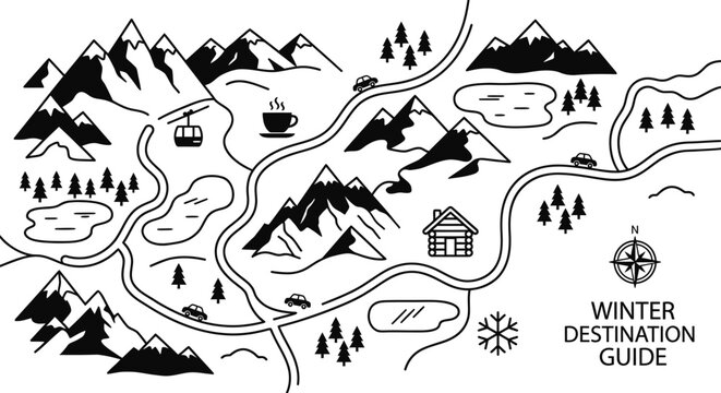 Winter Travel Map with Flat Style Destination Icons