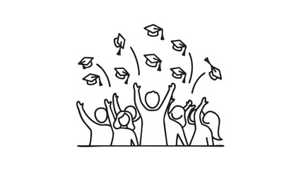 Naklejka premium Diverse group of stylized people celebrating graduation tossing caps in the air