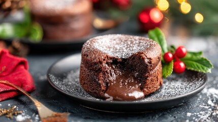 Chocolate lava cake served on a black plate with red and green holiday decor