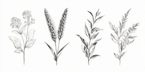 A black and white illustration depicting five different herbs with distinct shapes and textures.