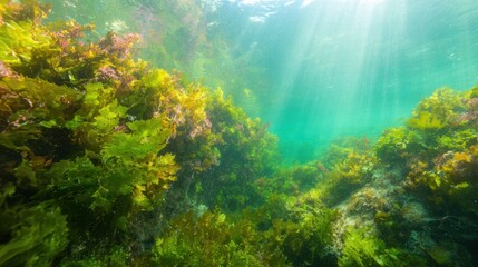 Naklejka premium Underwater scene with seaweed in clear water in a coastal location
