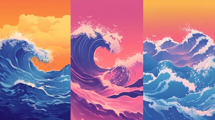 An artistic digital illustration of three colorful ocean waves against a gradient sky background.