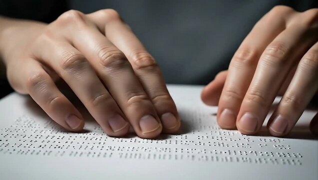 Close-up of hands reading Braille text, symbolizing accessibility for visually impaired individuals