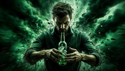 Man holding a bottle in thoughtful mood promoting alcohol prevention and responsible choices against a neutral indoor background