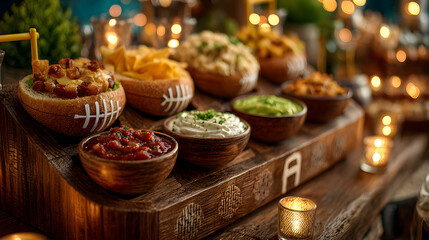 game day snack setup, close-up of a super bowl snack stadium with mini goalposts, edible fans, and assorted dips, sharply focused against a blurred background