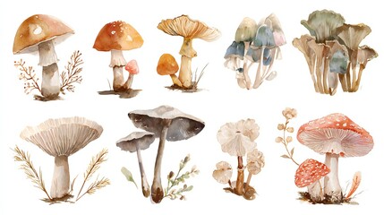 Watercolor Mushroom Collection: Diverse Fungi Illustrations for Botanical Nature Art & Design Projects
