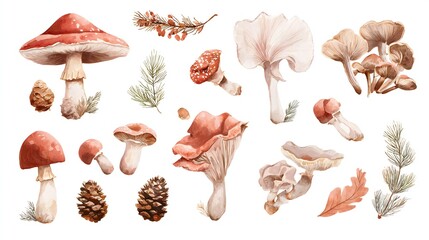 Botanical Forest Mushroom Watercolor Collection. Autumn Woodland Fungi, Pinecones, & Natural Elements Art. Perfect for Nature-Inspired Design Projects.
