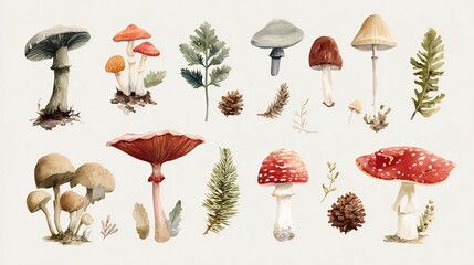 Watercolor Forest Fungi & Botanical Illustrations: Natural Autumn Mushroom Collection, Woodland Plant Elements, Hand-Painted Nature Art
