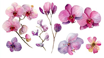 Watercolor Orchids & Delicate Botanical Flowers - Pink & Purple Floral Illustrations Collection
