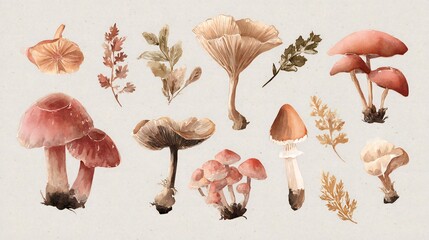 Watercolor Autumn Fungi & Botanical Illustrations Set. Hand-painted Forest Mushrooms & Dry Foliage Collection for Rustic Nature Design.
